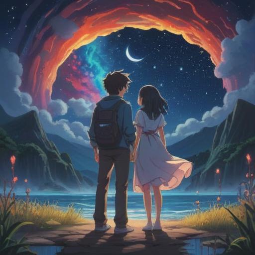 A serene and mystical landscape, a couple standing together under a starry sky, ethereal light surrounding them, subtle energy waves emanating from their hearts, symbolizing connection and love, gentle colors, soft glow, spiritual elements intertwined with romance, peaceful atmosphere, detailed nature background, 4k