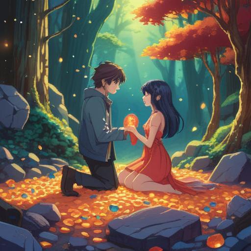 A captivating illustration of a romantic scene featuring lucky stones that inspire love, vibrant colors, shimmering gemstones, an enchanting atmosphere, couples enjoying their time together, surrounded by sparkling stones, soft natural lighting, beautiful floral accents, serene park setting, magical realism, 4k