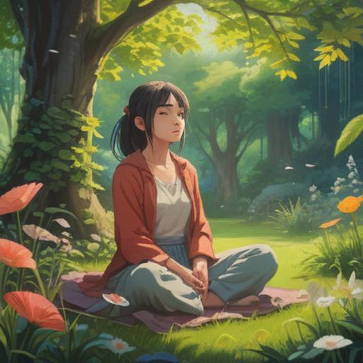 A serene scene of a person meditating in a tranquil garden, surrounded by blooming flowers and gentle sunlight, soft breeze rustling leaves, a small pond reflecting the sky, symbolic elements like heart-shaped stones and pink lotus flowers, peaceful expression on their face, harmonious setting, positive energy flowing, 4k
