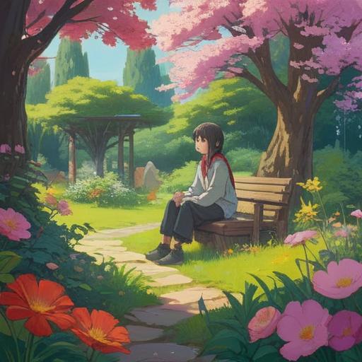 A serene and introspective scene, a person sitting alone in a tranquil garden, surrounded by blossoming flowers and gentle sunlight, meditative expression, ethereal aura, soft color palette, spiritual symbols subtly integrated into the surroundings, calm and positive energy, nature reflecting inner peace, 4k