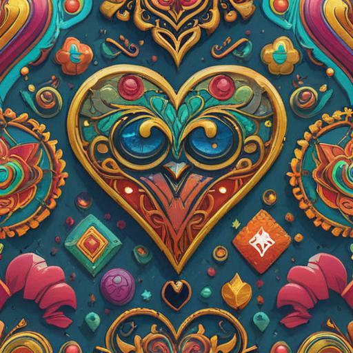 A whimsical illustration of a lucky charm designed to enhance love, vibrant colors, enchanting symbols, a heart-shaped talisman, surrounded by blooming flowers, a serene setting with gentle sunlight filtering through the trees, playful and uplifting atmosphere, magical realism elements, 4k