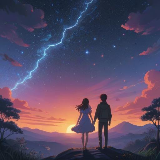A serene illustration of a couple standing apart under a starry sky, their silhouettes fading into ethereal light, representing love and separation's spiritual significance, gentle breeze rustling the leaves, soft reflections in a nearby lake, a dreamy atmosphere filled with bittersweet emotions, 4k