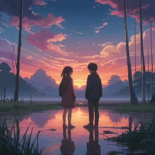 A serene, contemplative scene of two figures standing apart under a twilight sky, gentle expressions of sadness and reflection, ethereal glow surrounding them, symbolic representations of love and loss in the background, soft, muted colors, delicate light illuminating the scene, hinting at spiritual signs through nature, such as falling leaves and distant stars, evoking a deep emotional connection, 4k