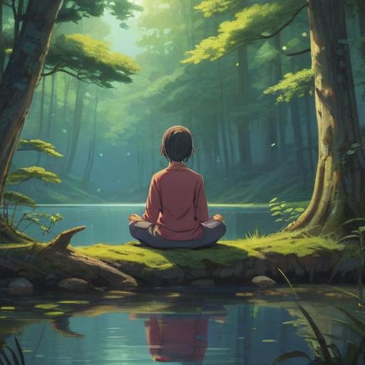 A serene and introspective scene, gentle light filtering through a forest, a solitary figure meditating near a calm lake, surrounded by lush greenery, embodying inner peace and self-discovery, symbols of personal growth and liberation, ethereal atmosphere, soft color palette, tranquil mood, 4k