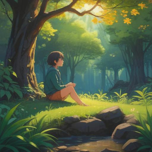 A serene and introspective scene, a person sitting peacefully in a tranquil landscape, surrounded by nature, soft sunlight filtering through trees, symbols of self-discovery and spiritual growth, gentle waves in a nearby stream, calming colors, ethereal glow, feeling of completeness and inner peace, 4k
