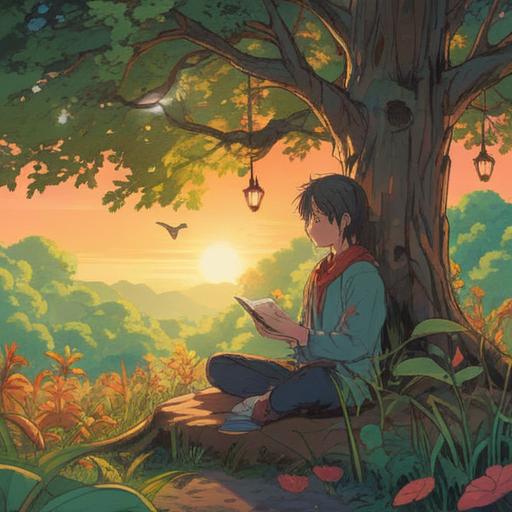A serene outdoor scene of a person meditating under a tree, surrounded by nature, sunlight filtering through leaves, a journal and pen nearby, representing reflection and personal growth, tranquil atmosphere, vibrant greenery, calming water sounds in the background, 4k
