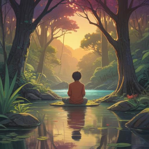 A tranquil scene depicting a person meditating in a serene nature setting, soft light filtering through trees, surrounded by gentle streams and vibrant flowers, symbols of love and resilience subtly integrated, a calming aura radiating from the person, representing spiritual signs of renewal and hope, peaceful atmosphere, 4k