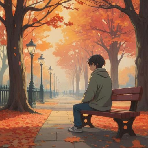 A serene and introspective scene depicting a person sitting alone on a park bench, surrounded by autumn leaves, looking contemplative, soft light filtering through the trees, symbols of spiritual awareness and energy surrounding them, gentle aura around the figure, capturing the essence of exhaustion from love and the need for self-care, tranquil atmosphere, guidance and reflection, 4k
