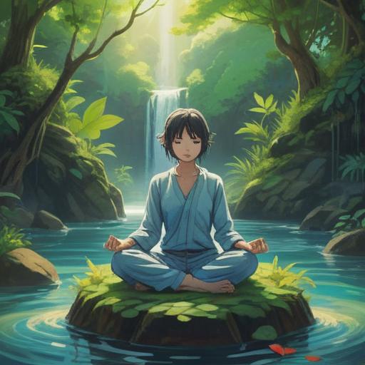 A serene and peaceful scene of an individual meditating in a tranquil nature setting, surrounded by soft flowing water and lush greenery, gentle sunlight filtering through the trees, a sense of calm and renewal in the atmosphere, representing spiritual practices for mental reset, harmonious and uplifting environment, 4k