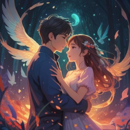 A captivating illustration of a young couple in love, heart fluttering with excitement, colorful auras surrounding them, ethereal symbols representing spiritual signs floating in the air, a serene park setting with blooming flowers, soft sunlight casting gentle shadows, the couple exchanging loving glances, vibrant energy, emotional connection, dreamy atmosphere, 4k