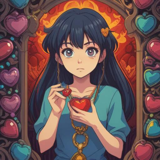 A romantic illustration depicting a person experiencing palpitations from love, surrounded by lucky items like a heart-shaped locket, a four-leaf clover, and a love letter, soft pastel colors, dreamy atmosphere, vibrant emotions, intricate details on the lucky items, 4k