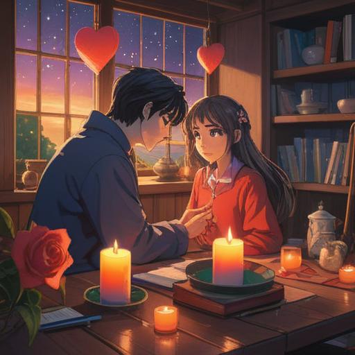 A vibrant and uplifting illustration of a couple preparing for a romantic evening, surrounded by heart-shaped decorations, soft candlelight, a cozy atmosphere, expressions of excitement and anticipation, elements of love and joy, a table set for two with flowers and sweet treats, romantic ambiance, 4k