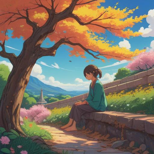 A serene, contemplative scene depicting the moment of letting go of love, a person sitting under a blossoming tree, gentle breeze scattering petals, ethereal light filtering through the leaves, symbols of freedom and acceptance in the surroundings, a sense of peace and renewal, 4k