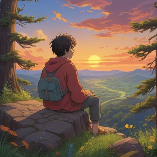 A serene landscape depicting a person sitting peacefully on a hilltop, overlooking a vibrant sunset, soft light filtering through trees, symbols of spiritual awakening like doves or glowing orbs, a sense of tranquility and acceptance, reflecting on love and letting go, harmonious colors, dreamy atmosphere, 4k