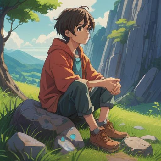 A serene and contemplative scene, a person sitting cross-legged on a grassy hill, surrounded by various colorful spiritual stones, soft sunlight filtering through trees, a gentle breeze causing leaves to rustle, reflecting a sense of peace and acceptance, mystical aura surrounding the stones, vibrant colors, calm atmosphere, emotional depth, 4k