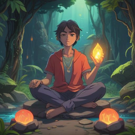 A mystical and serene illustration, vibrant power stones glowing with energy, a person meditating in a tranquil setting, surrounded by nature, soft sunlight filtering through trees, aura of self-discovery, ethereal atmosphere, detailed textures of the stones, 4k