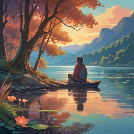 A serene and introspective scene depicting a person sitting by a calm lake, reflecting on their journey of love and acceptance, ethereal light filtering through trees, symbolic elements such as fading flowers and gentle ripples in the water representing emotional release, soft pastel colors, tranquil atmosphere, spiritual awakening, a sense of peace and enlightenment, 4k