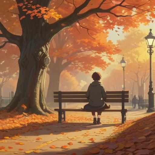 A serene, contemplative scene, a person sitting alone on a park bench, autumn leaves gently falling, soft sunlight filtering through trees, subtle symbols of love and heartache in the background, an ethereal glow surrounding the figure, hints of spiritual signs such as butterflies and feathers nearby, a peaceful yet reflective atmosphere, watercolor style, 4k