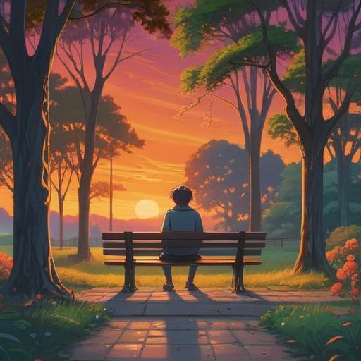 A serene illustration of a person sitting alone on a park bench, gazing at a beautiful sunset, surrounded by gentle flowing trees, a small lucky stone resting in their hands, symbolizing hope and new beginnings, soft pastel colors, calm atmosphere, introspective mood, detailed natural scenery, 4k
