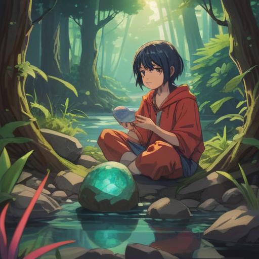 A serene illustration of a person holding a lucky stone, surrounded by nature, reflecting inner thoughts and emotions, vibrant sunlight filtering through the trees, symbols of self-discovery in the background, peaceful expression, a journey of transformation, soft glow, 4k