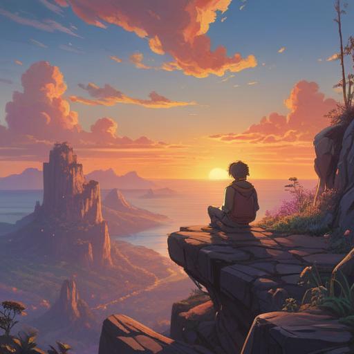 A serene and mystical scene depicting a person sitting on a cliff at sunset, gazing into the horizon, soft glowing lights surrounding them, symbolizing hope and patience in love, ethereal atmosphere, lush nature in the background, rich colors reflecting the beauty of longing, 4k