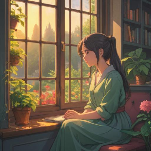 A serene and contemplative scene, a young woman sitting by a window, gazing at a blooming garden, soft sunlight filtering through sheer curtains, symbols of hope and patience in the air, butterflies fluttering nearby, ethereal glow surrounding her, feeling of inner peace and anticipation, vibrant colors, gentle emotions, 4k