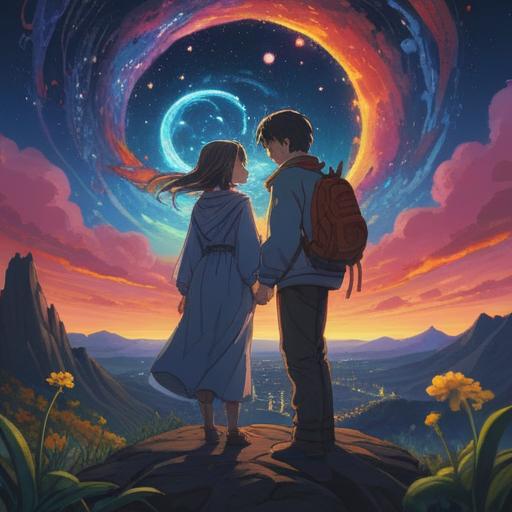 A mystical representation of unrequited love, intertwined destinies, ethereal energy flows, starry night sky, two figures gazing at each other from a distance, symbols of spiritual connection, vibrant auras, emotional tension, serene yet melancholic atmosphere, 4k