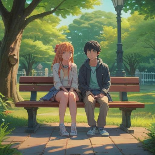A serene outdoor scene, two characters sitting apart on a park bench, subtle glances exchanged, ethereal light filtering through trees, gentle breeze, symbolic elements like butterflies and blooming flowers, hinting at hidden connections, a calm and hopeful atmosphere, soft focus, 4k