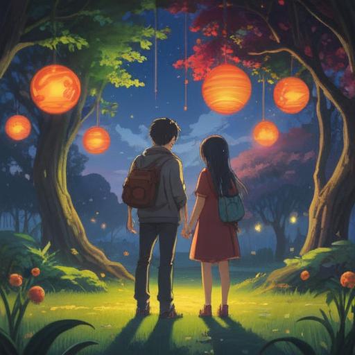 A mystical scene depicting a couple standing apart in a serene park, soft glowing orbs around them representing spiritual signs, a sense of longing in the air, subtle hints of communication through body language, dreamy atmosphere, pastel colors, gentle breeze rustling the leaves, twilight setting, emotional depth, symbolic elements illustrating love's challenges, 4k