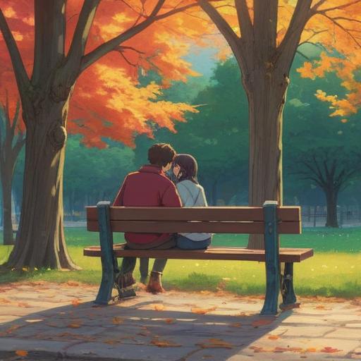 A whimsical scene featuring a couple sitting on a park bench, looking at each other with uncertainty, a shiny lucky stone sitting between them, vibrant autumn leaves falling around, subtle hints of romantic tension, soft sunlight filtering through the trees, 4k