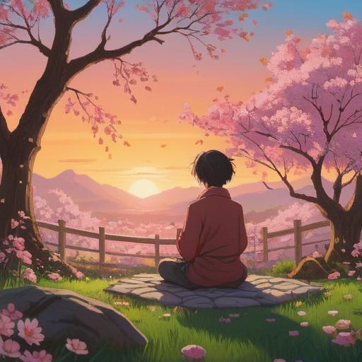 A serene and introspective scene depicting a peaceful garden at sunset, a person meditating under a cherry blossom tree, soft petals falling around, a gentle breeze, warm light creating a calm atmosphere, reflecting on love and self-improvement, tranquility and harmony, nature's beauty, 4k