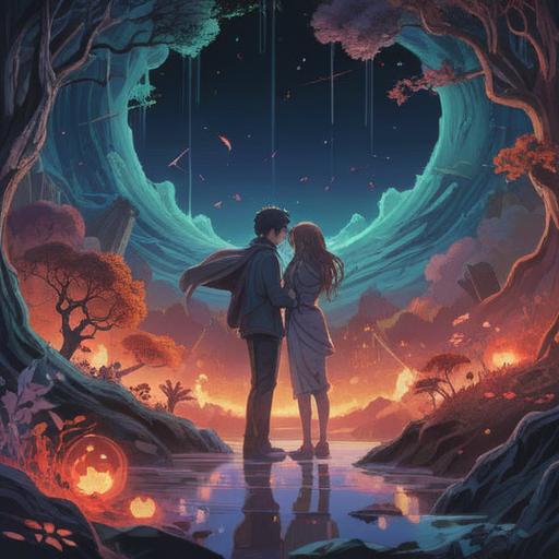A spiritual illustration depicting the struggle of love being obstructed, ethereal figures symbolizing obstacles between two lovers, a mystical landscape representing emotional turmoil, soft glow around the lovers' silhouettes, vibrant colors blending with dark shades, symbolic elements like chains or fog, conveying a sense of longing and yearning, dreamlike atmosphere, intricate details, 4k