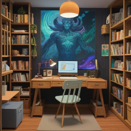 A serene and organized workspace, notes stacked neatly on a wooden desk, colorful charts pinned on a bulletin board, a laptop with open documents displaying summaries, natural light streaming through a window, an atmosphere of productivity and clarity, 4k