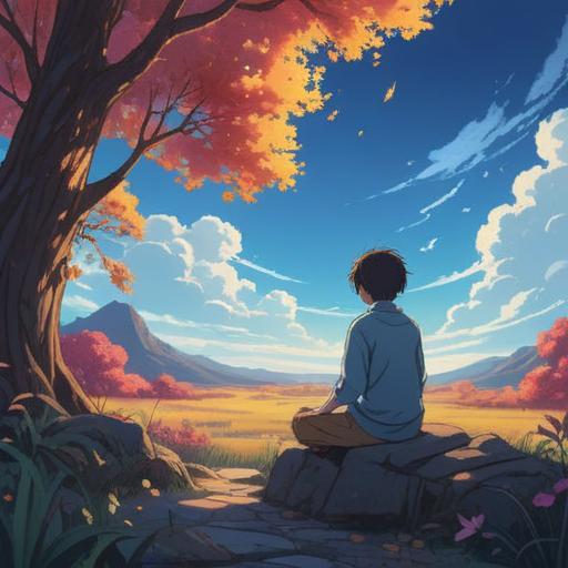 A serene scene depicting the release of romantic obsession, a person meditating under a clear blue sky, surrounded by soft, glowing orbs representing spiritual signs, gentle breeze rustling leaves, peaceful expression, harmonious nature, vibrant colors, ethereal atmosphere, 4k