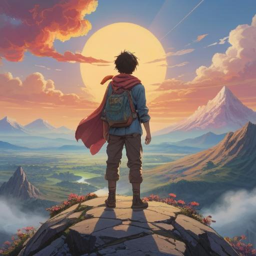 A serene landscape depicting a person standing on a mountaintop, looking out over a vast horizon, bright sunlight breaking through clouds, symbolizing enlightenment and renewal, a gentle breeze rustling through grass, vibrant colors representing hope and freedom, a sense of calm and tranquility, thought-provoking imagery, 4k