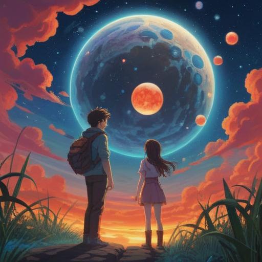 A serene scene depicting a couple facing each other under a celestial sky, soft glowing orbs surrounding them, their expressions reflecting uncertainty and hope, mystical energy flowing between them, symbolic imagery representing love and trials, ethereal backdrop with hints of stars and clouds, deep emotional connection, 4k