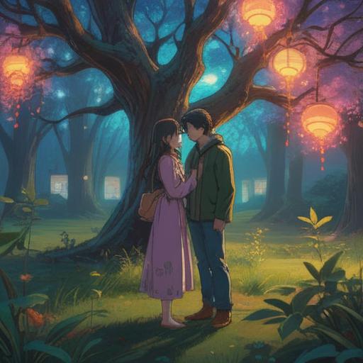 A serene moment captured in nature, two lovers standing under a glowing tree, ethereal lights illuminating their faces, symbols of hope and connection surrounding them, soft whispers of the wind, gentle expressions of love and trust, a magical aura enveloping the scene, vibrant colors, 4k