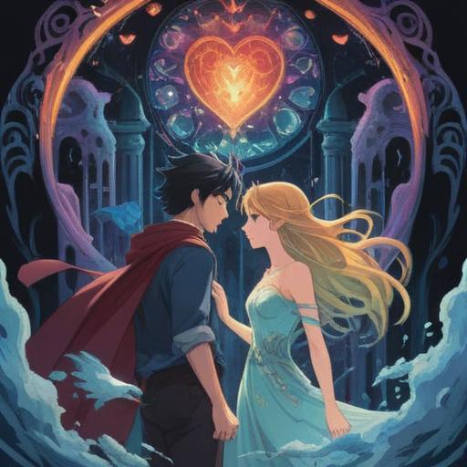 A mystical illustration depicting the theme of love facing challenges, ethereal aura, symbolic representations of spiritual signs, a couple navigating through a stormy sea, glowing orbs of light guiding their way, contrasting dark clouds and serene moments, intricate details of nature, emotional expression, harmonious color palette, 4k