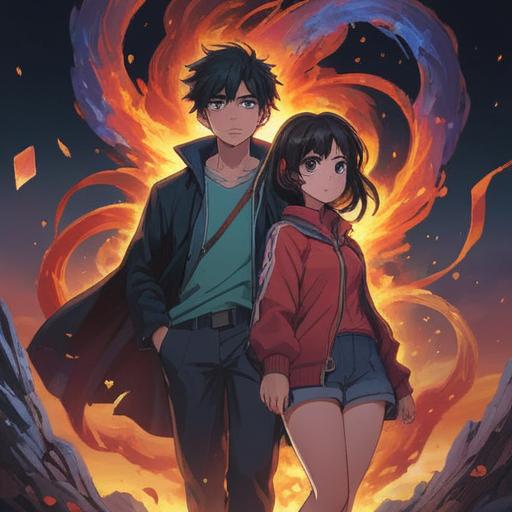 A dramatic scene of a couple facing a challenge together, tension in the air, determination in their eyes, symbolic elements representing love and luck, a dazzling moment of connection, vibrant colors, dynamic poses, emotional expression, 4k