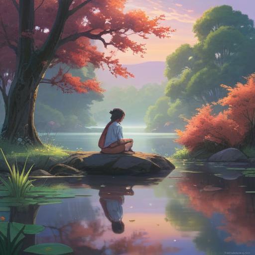 A serene and introspective scene, soft ethereal light, a solitary figure sitting by a tranquil lake, surrounded by gentle mist, reflecting on love's challenges, symbols of heartache and growth, delicate blossoms representing hope, spiritual aura enveloping the figure, peaceful yet emotionally charged atmosphere, 4k