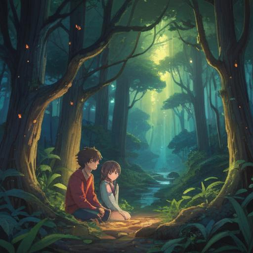 A poignant scene depicting a couple experiencing heartache yet surrounded by symbols of fortune, ethereal light shining through a dense forest, soft glow of glowing orbs representing spiritual signs, intricate details in the environment, emotional expressions on their faces, contrasting feelings of sorrow and hope, vibrant colors, serene atmosphere, 4k