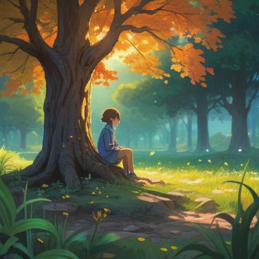 A serene and introspective scene depicting a person sitting alone under a tree, soft sunlight filtering through the leaves, a gentle expression of contemplation on their face, symbols of love and struggle subtly interwoven in the background, ethereal glow surrounding them, tranquil atmosphere, representing spiritual awareness and signs, 4k