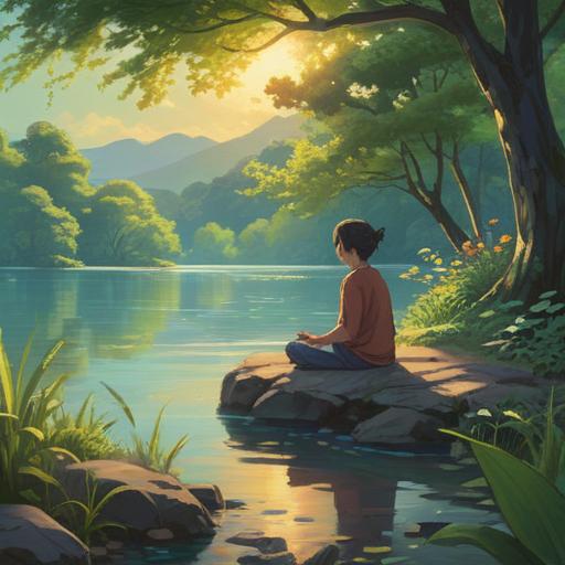 A serene landscape depicting a person meditating by a tranquil lake, surrounded by lush greenery, soft sunlight filtering through the trees, gentle ripples on the water's surface reflecting the calmness, a sense of inner peace and healing from emotional pain, ethereal atmosphere, soothing color palette, 4k