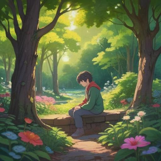 A serene and peaceful scene depicting a person sitting alone in a tranquil garden, surrounded by blooming flowers and soft sunlight filtering through the trees, an aura of self-discovery and introspection, symbols of spiritual growth like lotus flowers and butterflies, a gradual shift from romantic distractions to inner clarity, vibrant colors reflecting harmony, 4k