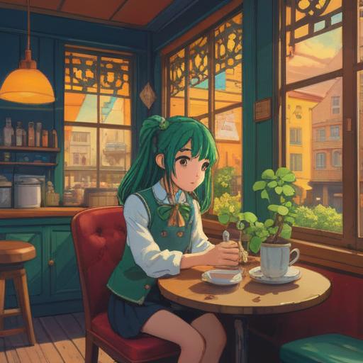 A whimsical illustration of a serene person sitting in a cozy café, surrounded by various lucky items like a four-leaf clover, a horseshoe, and a lucky coin, soft sunlight filtering through the window, a sense of calm and introspection, a warm cup of tea on the table, muted colors, inviting atmosphere, 4k