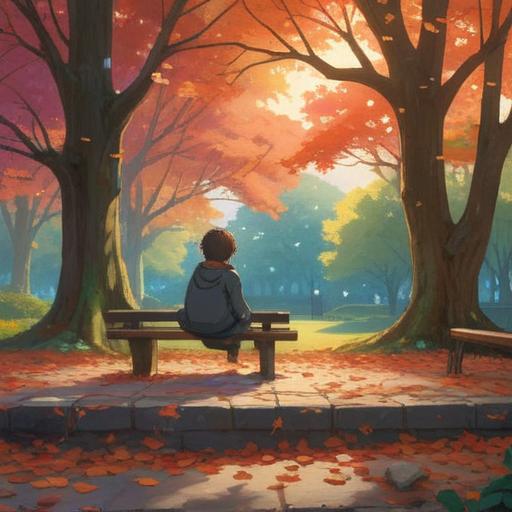 A serene and introspective scene, a person sitting alone in a tranquil park, surrounded by nature, observing the falling leaves, a soft light illuminating their face, symbolic representations of love and spiritual signs, a gentle breeze hinting at clarity and reflection, thoughtful expressions conveying inner conflict, peaceful atmosphere, soothing colors, harmonious environment