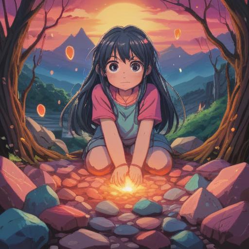 A whimsical illustration depicting a person looking frustrated with love, surrounded by heart-shaped stones, a mystical aura, a soft glow around a lucky stone, colorful background with stars and swirls, contrasting emotions of love and annoyance, intricate details, 4k