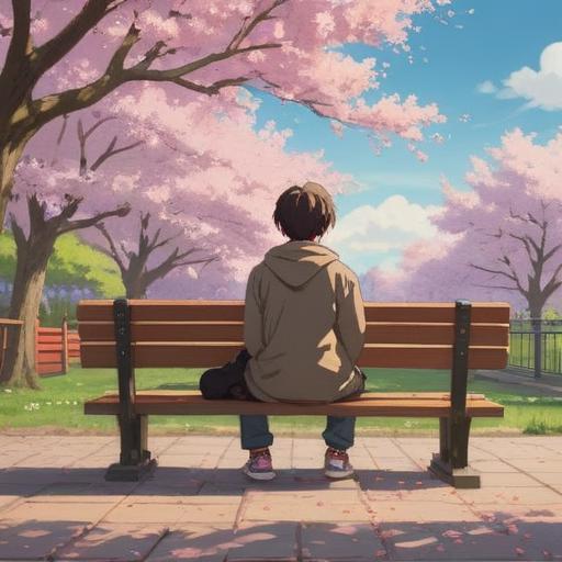 A serene scene depicting a person sitting on a park bench, deep in thought, surrounded by blooming cherry blossoms, a gentle breeze rustling the leaves, a notebook and pen in hand, reflecting on their feelings, looking towards a bright future, soft sunlight filtering through the trees, calm and introspective atmosphere, 4k