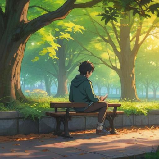 A serene and introspective scene, a person sitting alone on a bench in a tranquil park, gentle sunlight filtering through the trees, surrounded by blooming flowers, reflecting on love and connection, ethereal atmosphere, symbols of spirituality like doves and light orbs, peaceful expression, soft pastel colors, 4k