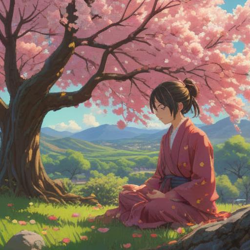 A serene landscape depicting a solitary figure meditating under a blossoming cherry tree, soft sunlight filtering through delicate petals, vibrant colors symbolizing spiritual awakening, misty mountains in the background, peaceful atmosphere filled with hope, mystical energy surrounding the scene, 4k